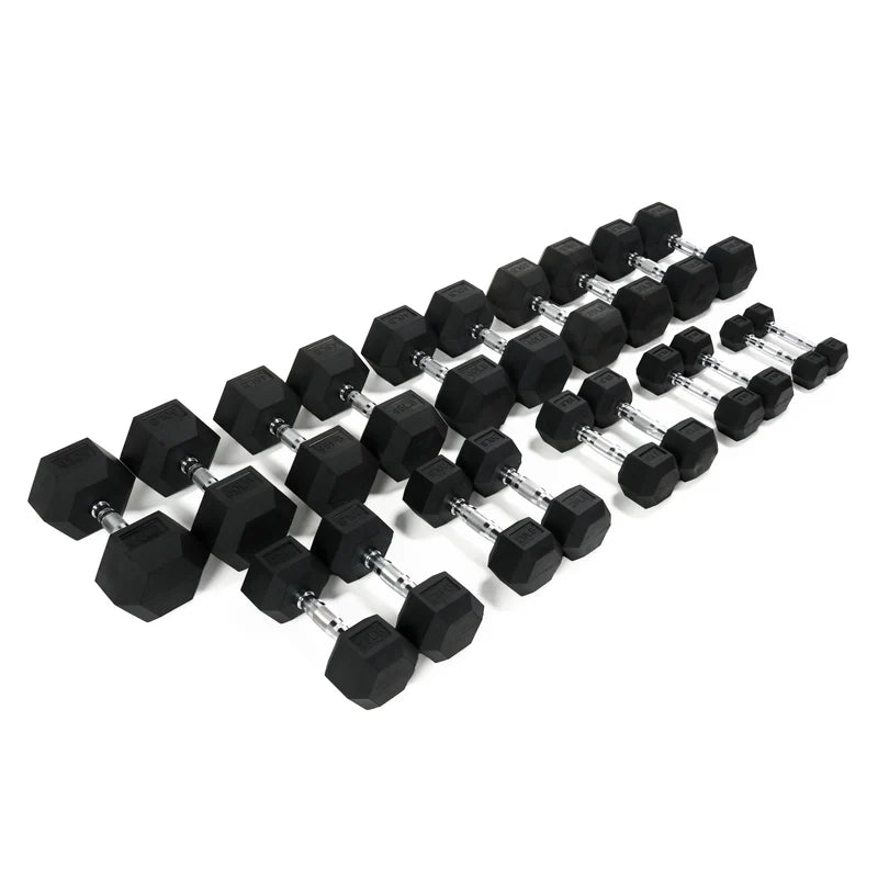 Rubber Hex Dumbbells — hex dumbbells grouped angle view