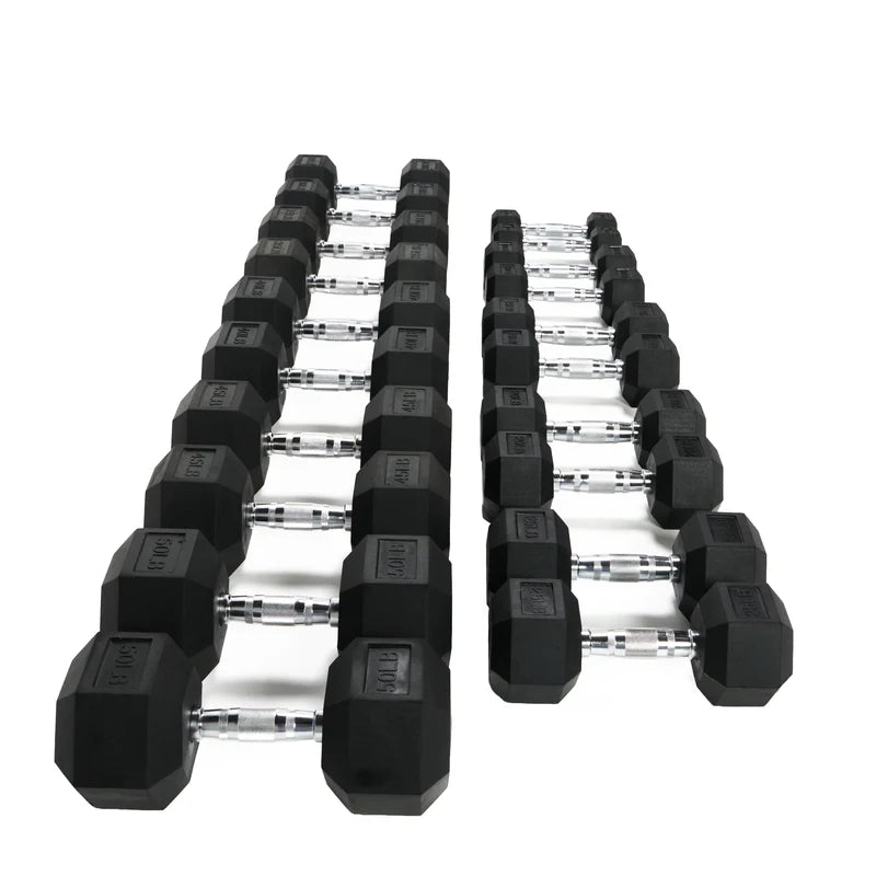 Armour Rubber hex dumbbells arranged to show available weight range