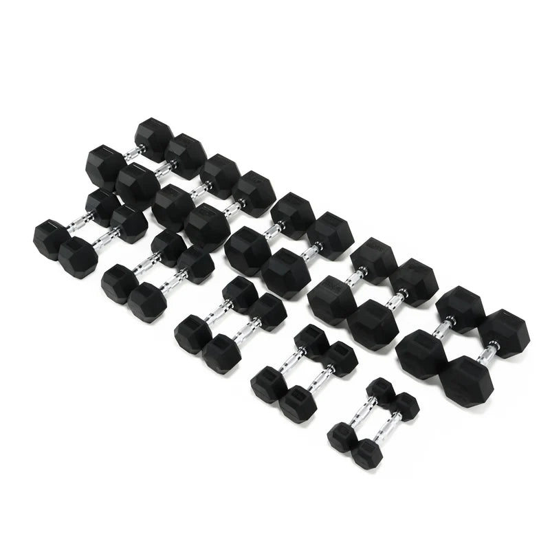 Rubber Hex Dumbbells — hex dumbbells multiple weights diagonal view